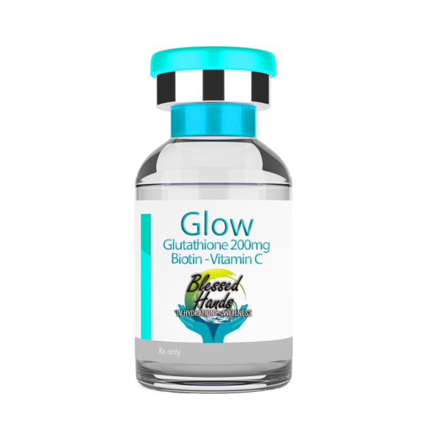 Vial of Glow Injection featuring glutathione, biotin, and vitamin C for beauty and wellness support.