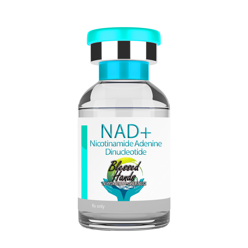 NAD+ vile of injectable wellness treatment offered in 50 mg, 75 mg, and 100 mg doses at an IV wellness clinic.